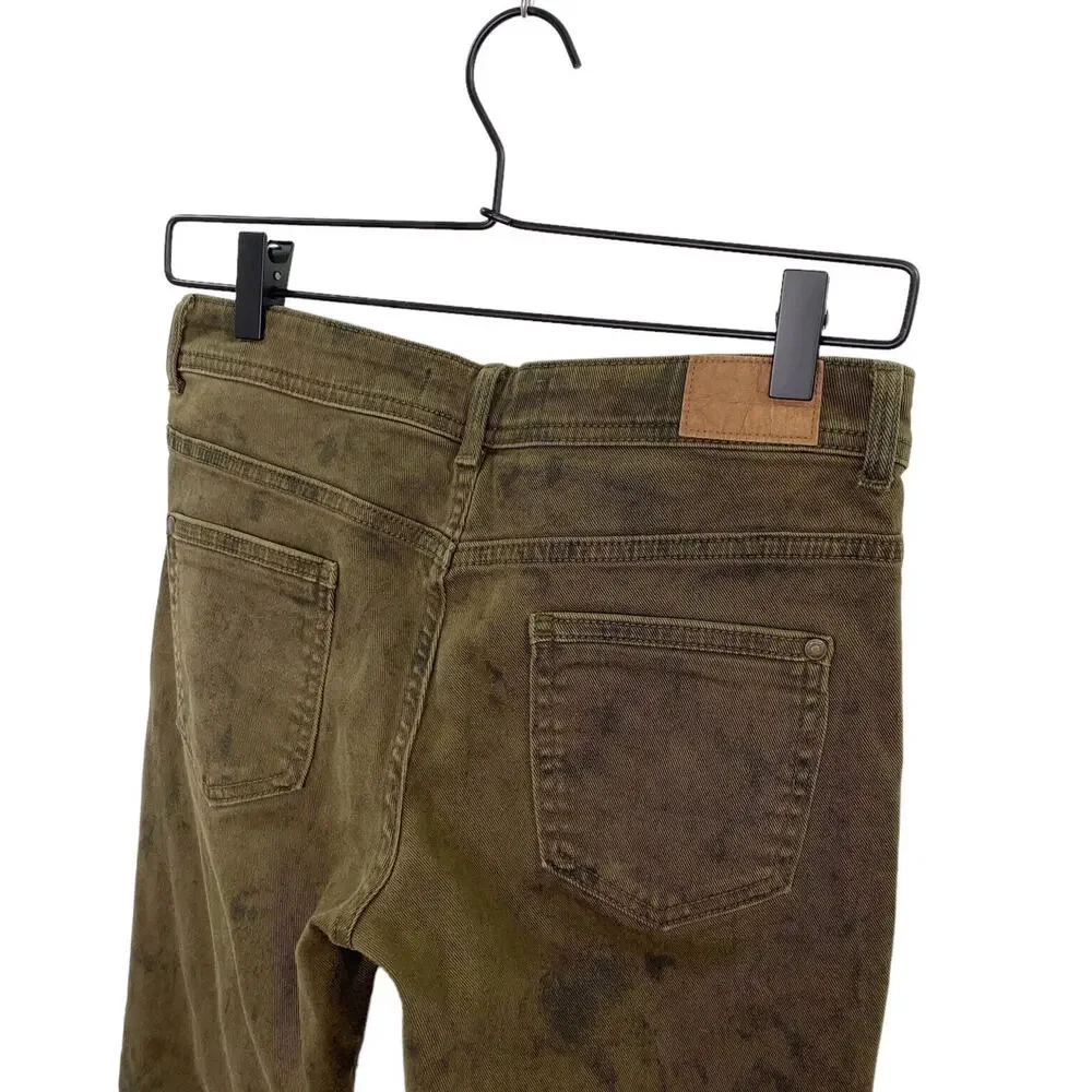 ZARA Basic Z1975 Denim Size 2 Mid Rise Skinny Uneven Hem Olive Jeans Dark Marks